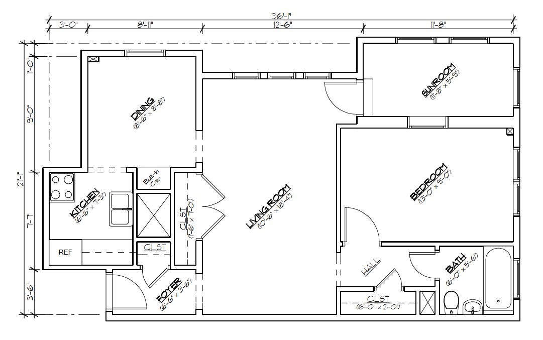 Floor plan for 1 bed, 1 bath, 625 sqft